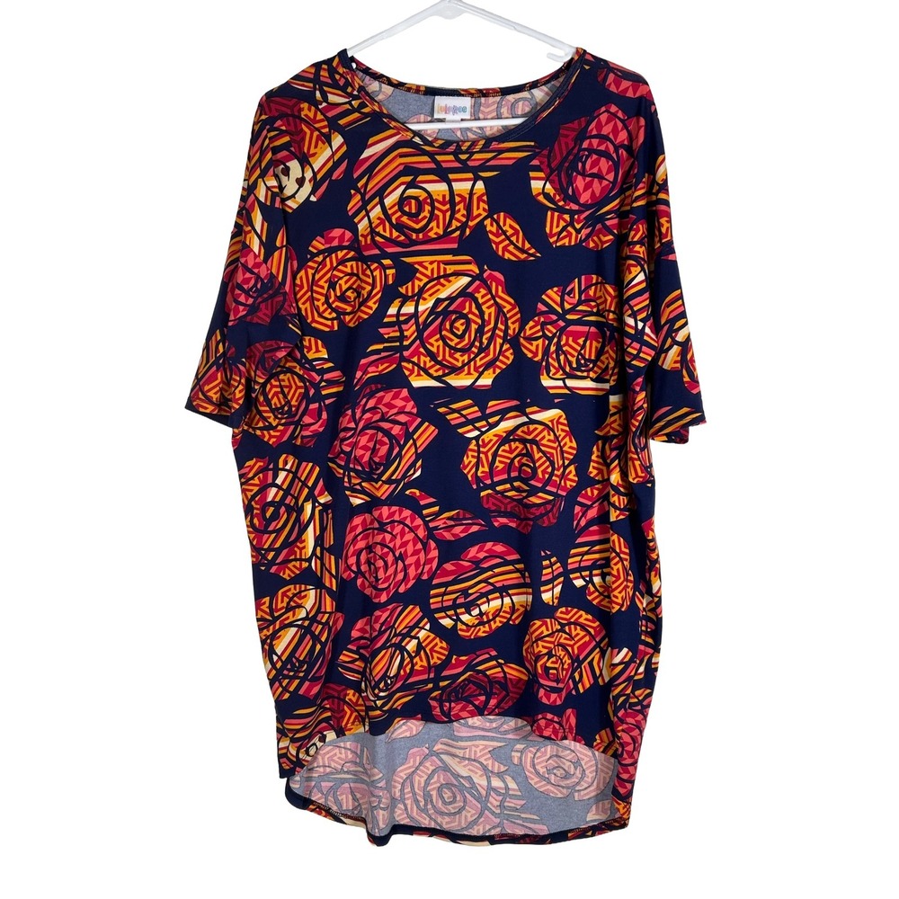 LuLaRoe Irma Tunic Top Women Small S Navy Blue Pink Geometric Floral Rose Print